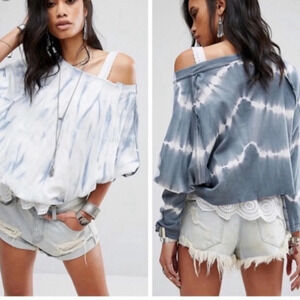 Free People ||Tie Dye Oversized Sweatshirt Cotton Blue Crop Dolman Sleeves, Sm